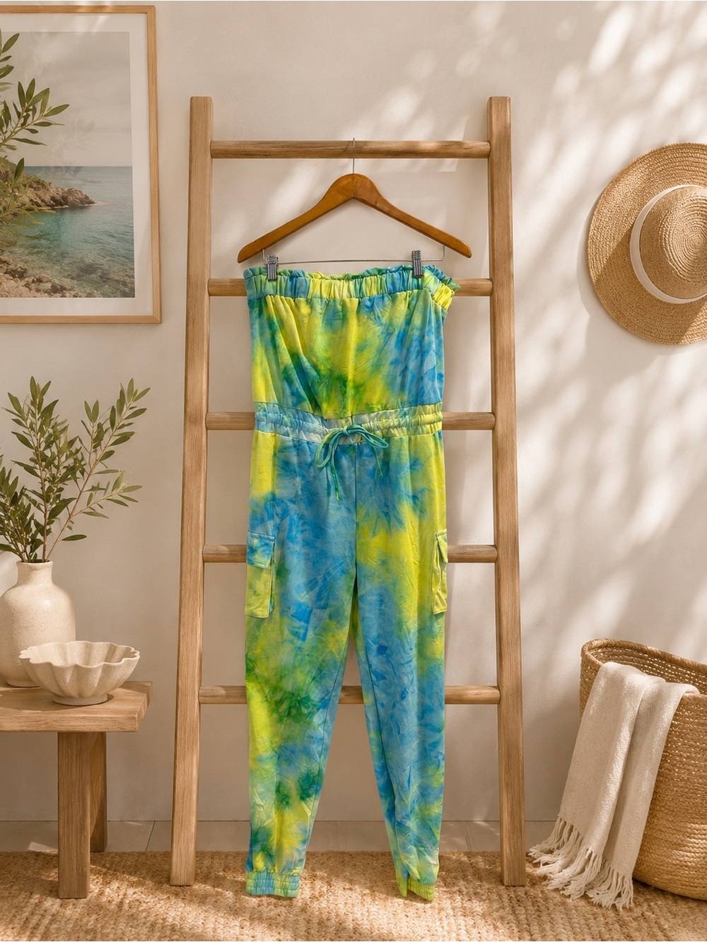 NWT Rose Velvet Tie-Dye Strapless Jogger Jumpsuit in Blue & Yellow Sz S M L